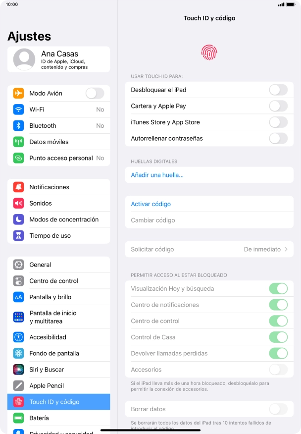 Pulsa Activar código e introduce un código de seguridad de libre elección dos veces seguidas.