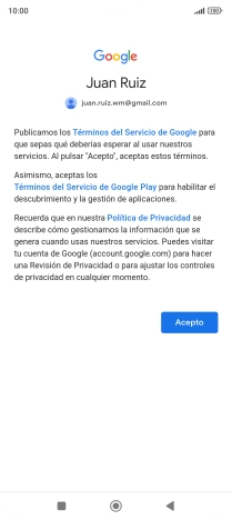 Pulsa Acepto y sigue las indicaciones de la pantalla para seleccionar los ajustes de tu cuenta de Google.