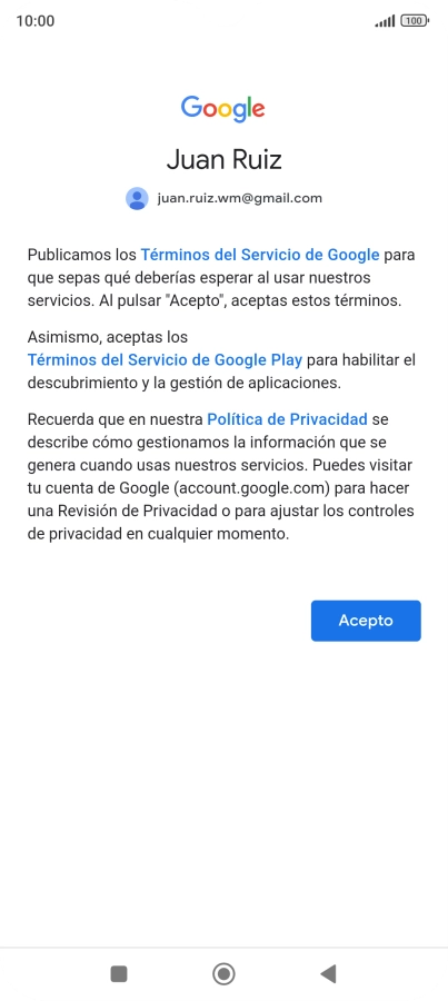 Pulsa Acepto y sigue las indicaciones de la pantalla para seleccionar los ajustes de tu cuenta de Google.