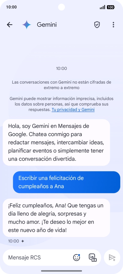 La propuesta de texto de Gemini se visualiza ahora en la pantalla.