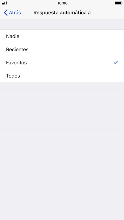 Pulsa el ajuste deseado para seleccionar qué contactos deben recibir un mensaje automático indicando que la función de 