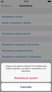 Pulsa Restablecer ajustes. Espera unos instantes mientras el teléfono restablece la configuración predeterminada. Sigue las indicaciones de la pantalla para configurar el teléfono y dejarlo listo para su uso. Pulsa Restablecer ajustes. Espera unos instantes mientras el teléfono restablece la configuración predeterminada. Sigue las indicaciones de la pantalla para configurar el teléfono y dejarlo listo para su uso.