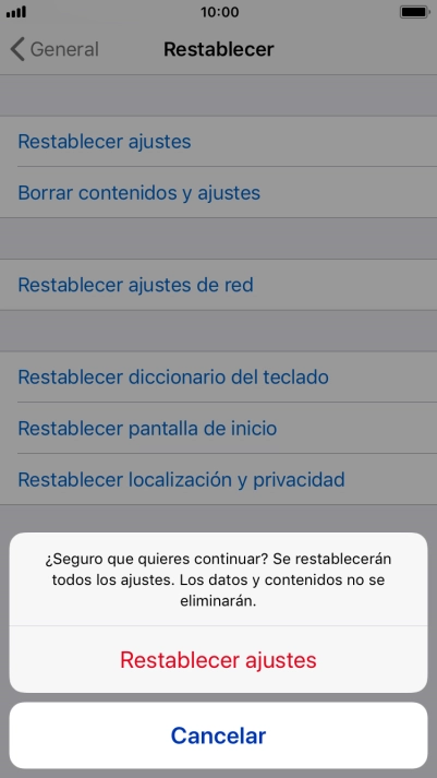 Pulsa Restablecer ajustes. Espera unos instantes mientras el teléfono restablece la configuración predeterminada. Sigue las indicaciones de la pantalla para configurar el teléfono y dejarlo listo para su uso. Pulsa Restablecer ajustes. Espera unos instantes mientras el teléfono restablece la configuración predeterminada. Sigue las indicaciones de la pantalla para configurar el teléfono y dejarlo listo para su uso.