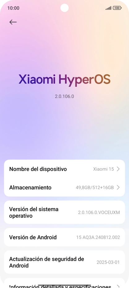 Pulsa Xiaomi HyperOS. Si hay una versión de software nueva disponible, aparecerá ahora en la pantalla. Sigue las indicaciones de la pantalla para actualizar el software del teléfono.