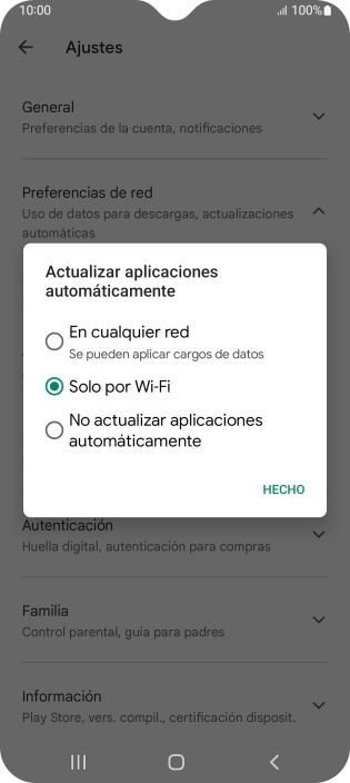 Para activar la actualización automática de apps utilizando la red móvil, pulsa En cualquier red.