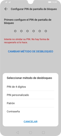 Pulsa el código de seguridad deseado y sigue las indicaciones de la pantalla para crear un código de seguridad del teléfono adicional.