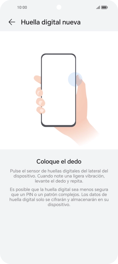 Sigue las indicaciones de la pantalla para crear una huella digital como código de seguridad.