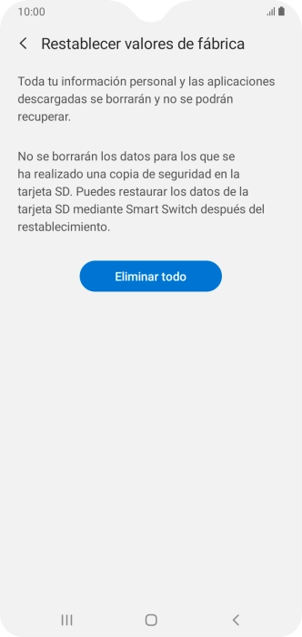Pulsa Eliminar todo. Espera unos instantes mientras el teléfono restablece la configuración predeterminada. Sigue las indicaciones de la pantalla para configurar el teléfono y dejarlo listo para su uso.