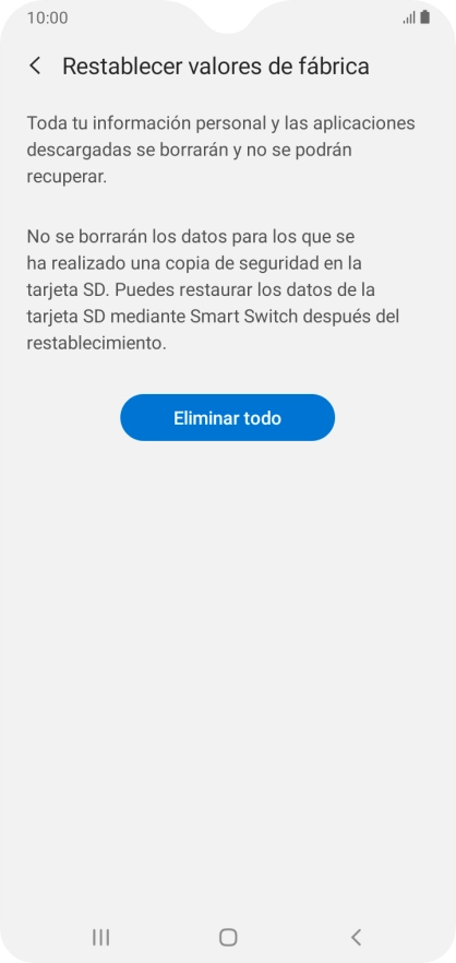 Pulsa Eliminar todo. Espera unos instantes mientras el teléfono restablece la configuración predeterminada. Sigue las indicaciones de la pantalla para configurar el teléfono y dejarlo listo para su uso.