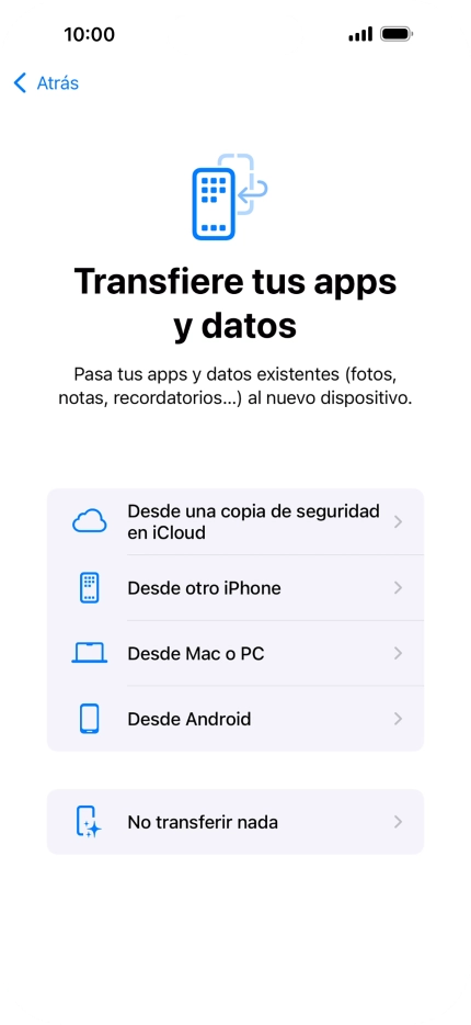Puedes transferir el contenido de otro teléfono Android cuando el teléfono se activa antes de utilizarlo por primera vez y cuando lo restableces. Cuando aparece esta imagen de pantalla, el teléfono está listo para la transferencia de contenido desde otro teléfono Android.