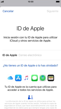 Si no tienes un ID de Apple, pulsa ¿No tienes un ID de Apple o lo has olvidado? y sigue las indicaciones de la pantalla para ver cómo crear un ID de Apple.