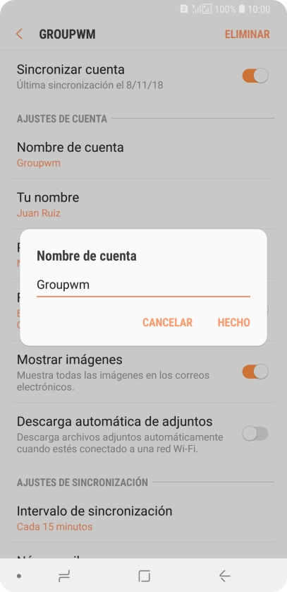 Introduce el nombre deseado de la cuenta de correo electrónico y pulsa HECHO.