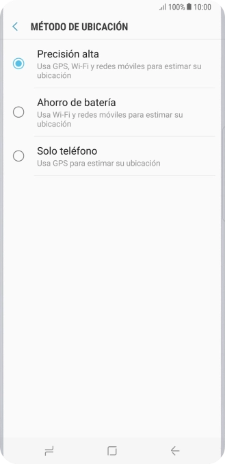 Si seleccionas Precisión alta, el teléfono podrá encontrar tu posición exacta con ayuda de los satélites GPS, la red móvil y una red wifi cercana. El GPS por satélite requiere vista libre al cielo. Si seleccionas Precisión alta, el teléfono podrá encontrar tu posición exacta con ayuda de los satélites GPS, la red móvil y una red wifi cercana. El GPS por satélite requiere vista libre al cielo.