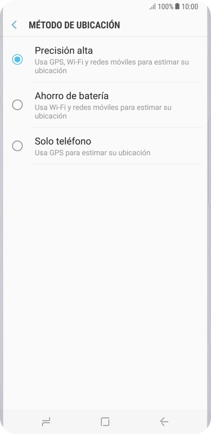Si seleccionas Precisión alta, el teléfono podrá encontrar tu posición exacta con ayuda de los satélites GPS, la red móvil y una red wifi cercana. El GPS por satélite requiere vista libre al cielo. Si seleccionas Precisión alta, el teléfono podrá encontrar tu posición exacta con ayuda de los satélites GPS, la red móvil y una red wifi cercana. El GPS por satélite requiere vista libre al cielo.