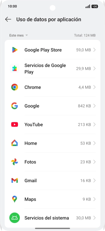 El consumo de datos por cada aplicación aparece bajo el nombre de la aplicación.