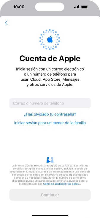Pulsa Correo o número de teléfono e introduce el nombre de usuario de tu ID de Apple.