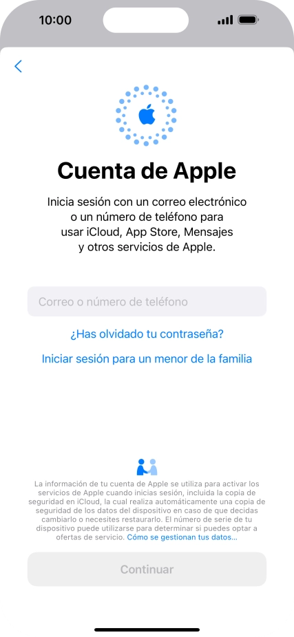 Pulsa Correo o número de teléfono e introduce el nombre de usuario de tu ID de Apple.