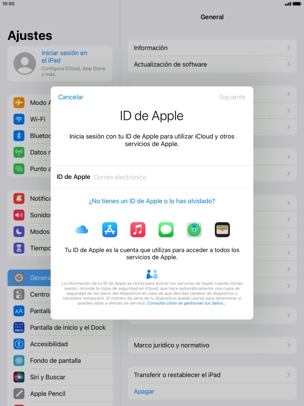 Si no tienes un ID de Apple, pulsa ¿No tienes un ID de Apple o lo has olvidado? y sigue las indicaciones de la pantalla para ver cómo crear un ID de Apple.