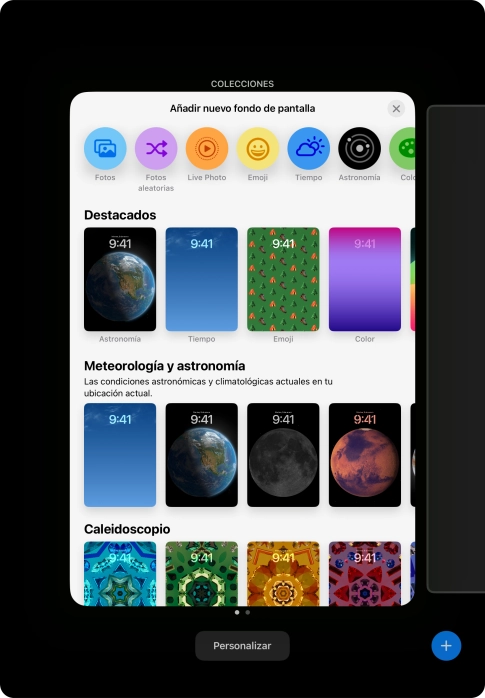 Pulsa una categoría y sigue las indicaciones de la pantalla para seleccionar la imagen de fondo deseada.