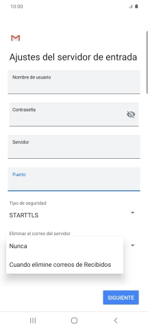 Pulsa Nunca para conservar los correos electrónicos en el servidor cuando los borras del teléfono.
