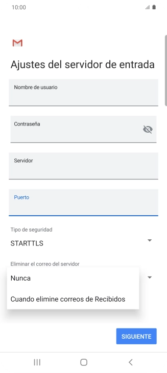 Pulsa Nunca para conservar los correos electrónicos en el servidor cuando los borras del teléfono.