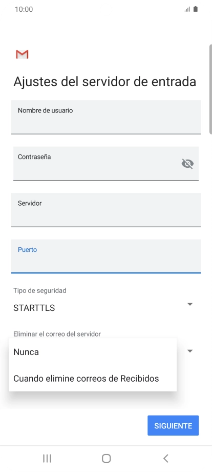 Pulsa Nunca para conservar los correos electrónicos en el servidor cuando los borras del teléfono.