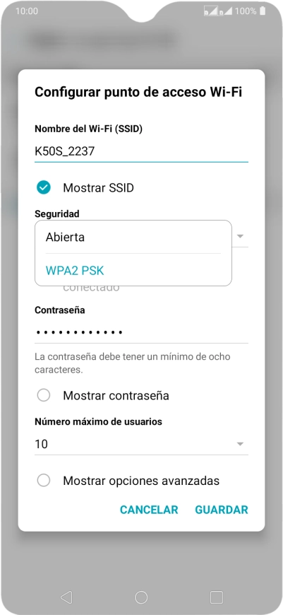 Pulsa WPA2 PSK para proteger la conexión wifi con una contraseña.