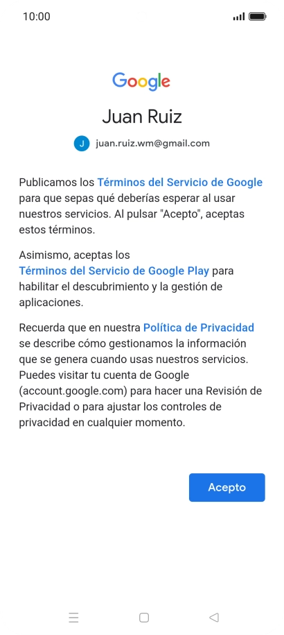 Pulsa Acepto y sigue las indicaciones de la pantalla para seleccionar los ajustes de tu cuenta de Google.