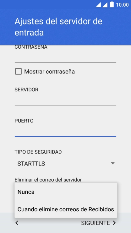 Pulsa Nunca para conservar los correos electrónicos en el servidor cuando los borras del teléfono.
