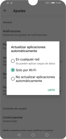 Para activar la actualización automática de apps utilizando la red móvil, pulsa En cualquier red.