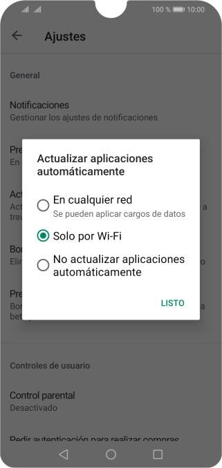 Para activar la actualización automática de apps utilizando la red móvil, pulsa En cualquier red.