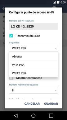 Pulsa WPA2 PSK para proteger la conexión wifi con una contraseña.