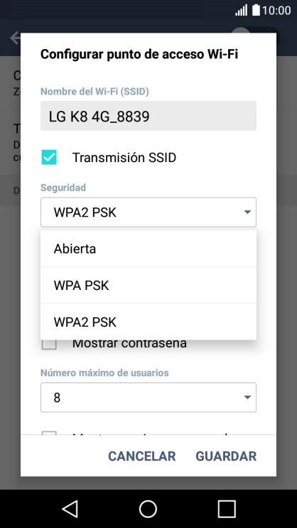 Pulsa WPA2 PSK para proteger la conexión wifi con una contraseña.
