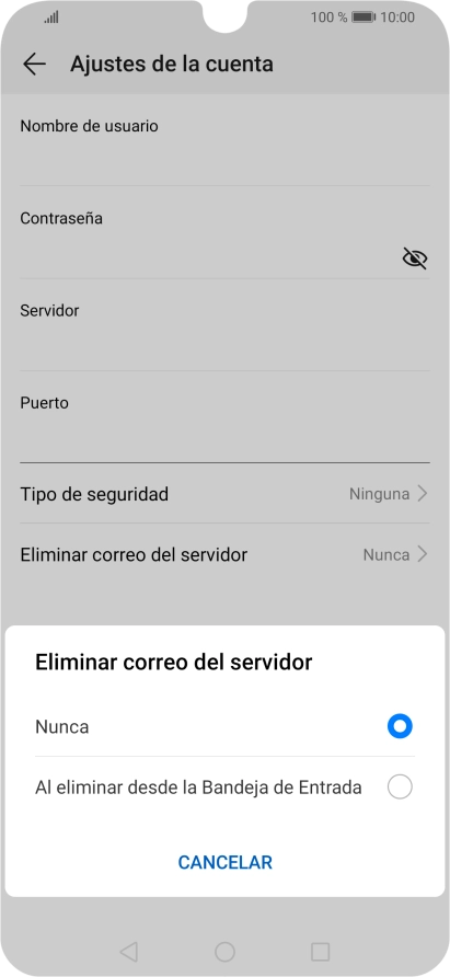 Pulsa Nunca para conservar los correos electrónicos en el servidor cuando los borras del teléfono. Pulsa Nunca para conservar los correos electrónicos en el servidor cuando los borras del teléfono.
