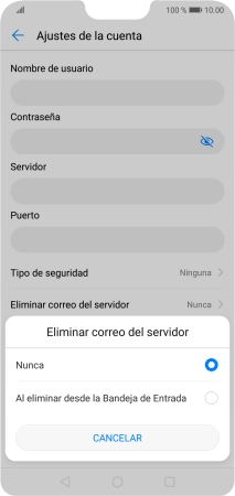 Pulsa Nunca para conservar los correos electrónicos en el servidor cuando los borras del teléfono.