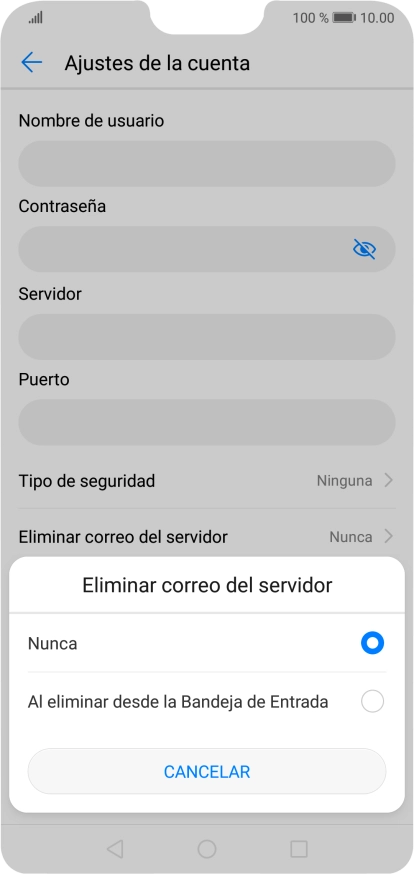 Pulsa Nunca para conservar los correos electrónicos en el servidor cuando los borras del teléfono.