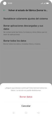 Pulsa Borrar datos. Espera unos instantes mientras el teléfono restablece la configuración predeterminada. Sigue las indicaciones de la pantalla para configurar el teléfono y dejarlo listo para su uso.