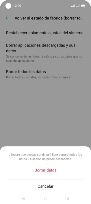 Pulsa Borrar datos. Espera unos instantes mientras el teléfono restablece la configuración predeterminada. Sigue las indicaciones de la pantalla para configurar el teléfono y dejarlo listo para su uso.