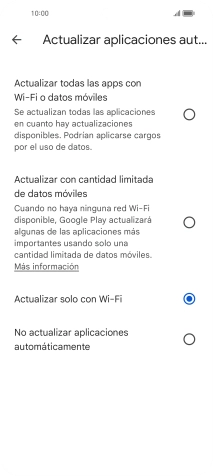 Para activar la actualización automática de apps utilizando la red móvil, pulsa Actualizar todas las apps con Wi-Fi o datos móviles.