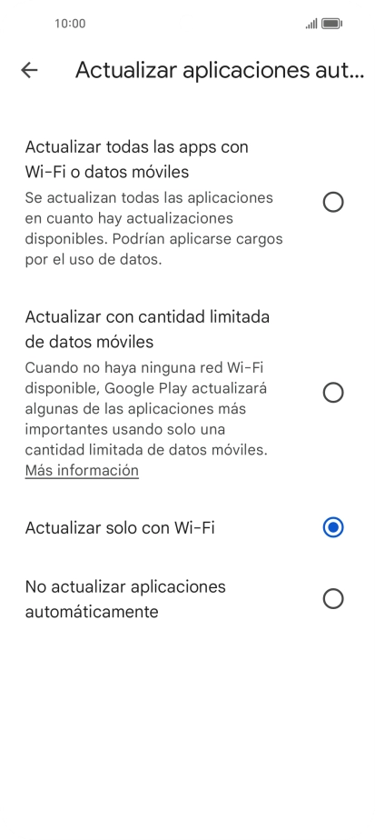 Para activar la actualización automática de apps utilizando la red móvil, pulsa Actualizar todas las apps con Wi-Fi o datos móviles.