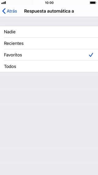 Pulsa el ajuste deseado para seleccionar qué contactos deben recibir un mensaje automático indicando que la función de 