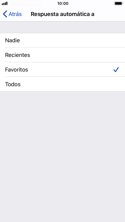 Pulsa el ajuste deseado para seleccionar qué contactos deben recibir un mensaje automático indicando que la función de 