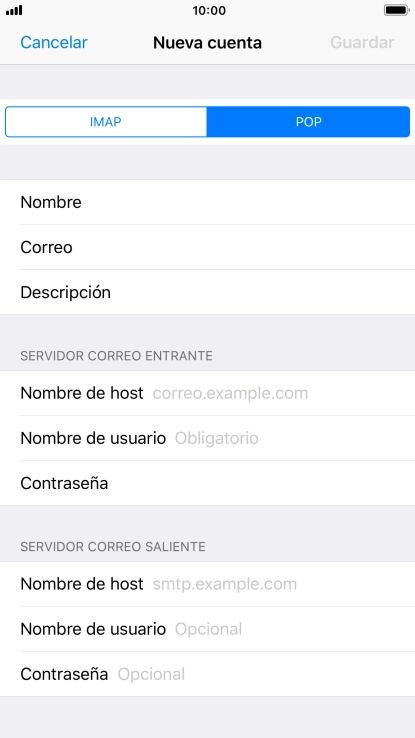 Pulsa Nombre de host e introduce el nombre del servidor de correo de entrada de tu proveedor de correo electrónico.