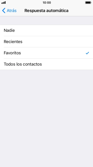 Pulsa el ajuste deseado para seleccionar qué contactos deben recibir un mensaje automático indicando que la función de 