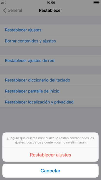Pulsa Restablecer ajustes. Espera unos instantes mientras el teléfono restablece la configuración predeterminada. Sigue las indicaciones de la pantalla para configurar el teléfono y dejarlo listo para su uso.