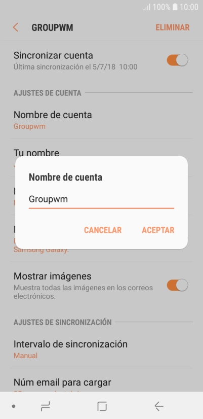 Introduce el nombre deseado de la cuenta de correo electrónico y pulsa ACEPTAR.