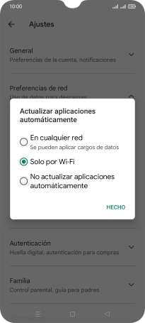Para activar la actualización automática de apps utilizando la red móvil, pulsa En cualquier red.