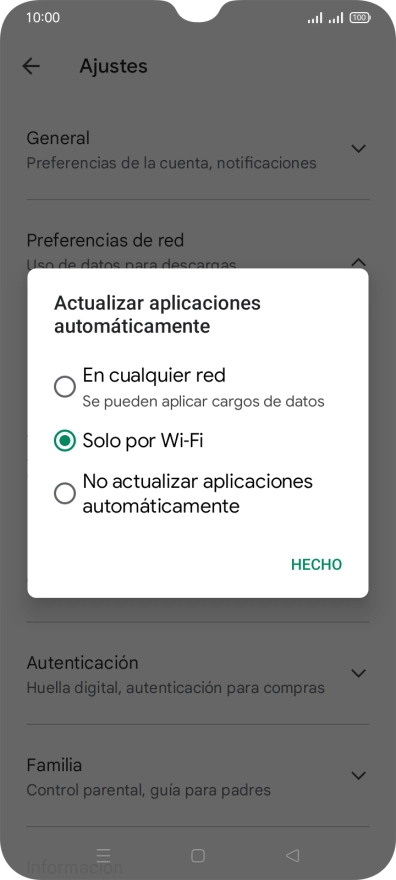 Para activar la actualización automática de apps utilizando la red móvil, pulsa En cualquier red.