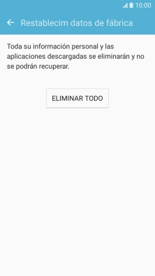 Pulsa ELIMINAR TODO. Espera unos instantes mientras el teléfono restablece la configuración predeterminada. 
Sigue las indicaciones de la pantalla para configurar el teléfono y dejarlo listo para su uso.
