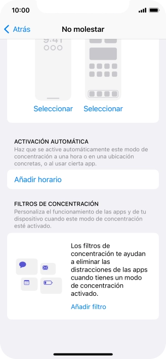 Pulsa Añadir horario y sigue las indicaciones de la pantalla para seleccionar los ajustes de la activación automática de No molestar. Pulsa Añadir horario y sigue las indicaciones de la pantalla para seleccionar los ajustes de la activación automática de No molestar.